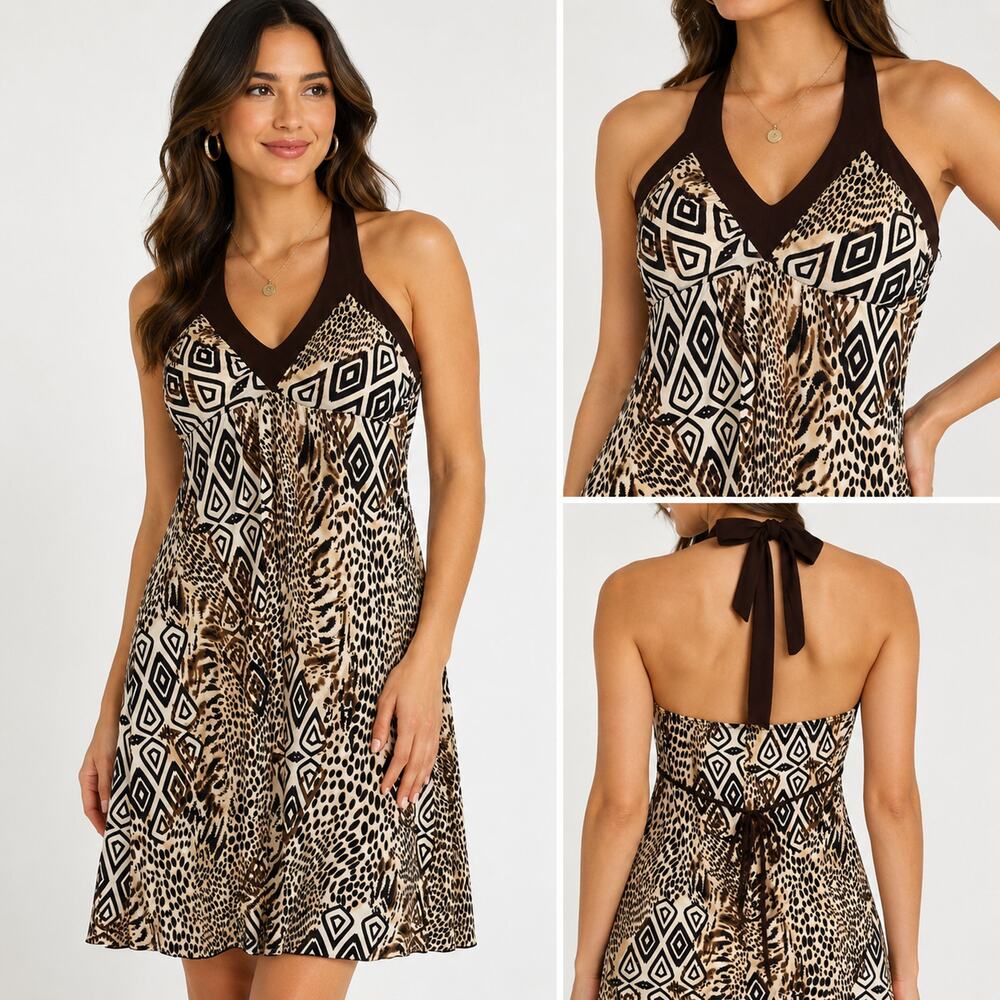 Y2K 90s Babydoll Halter Mini Dress Small Brown Animal Geometric Print Made USA